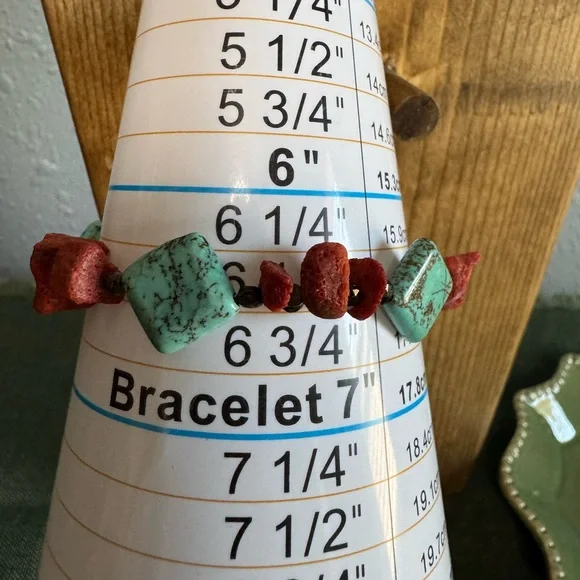 Handmade Red Coral and Turquoise Stone Beaded Necklace and Bracelet Set - Picture 4 of 5